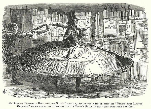 Punch cartoon: patent garotte-proof overcoat (engraving)