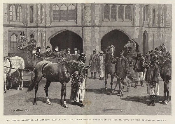 The Queen receiving at Windsor Castle the Five Arab Horses presented to Her Majesty by the Sultan of Muscat (engraving)