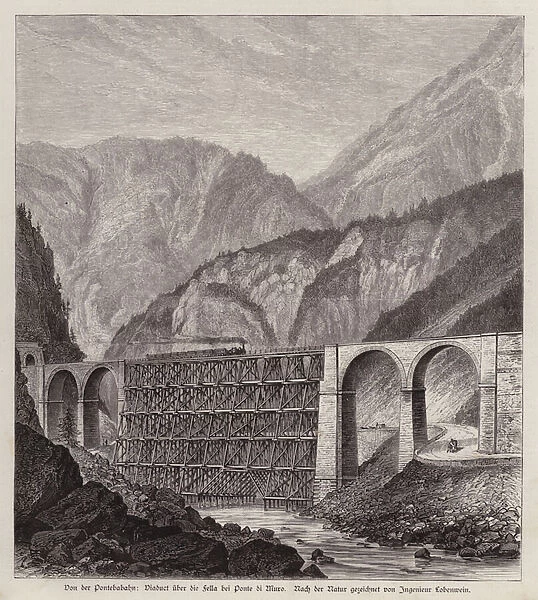 Railway viaduct over the River Fella at Ponte di Muro, Friuli, Italy (engraving)
