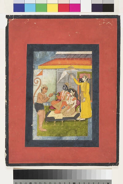 Rama and Sita enthroned, adored by Hanuman; Lakshmana holds a morchal, c