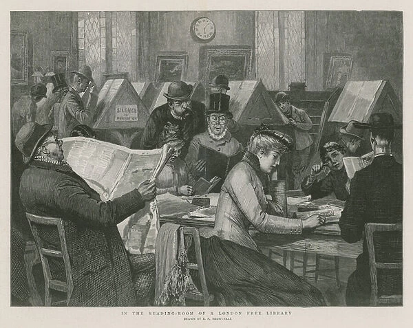 In the reading room of a London free library (engraving)