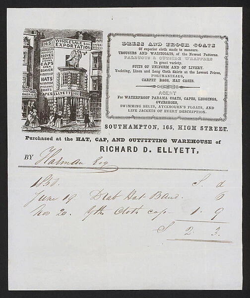 Receipt from Richard D Ellyets Hat, Cap and Outfitting Warehouse, 165 High Street, Southampton (litho)