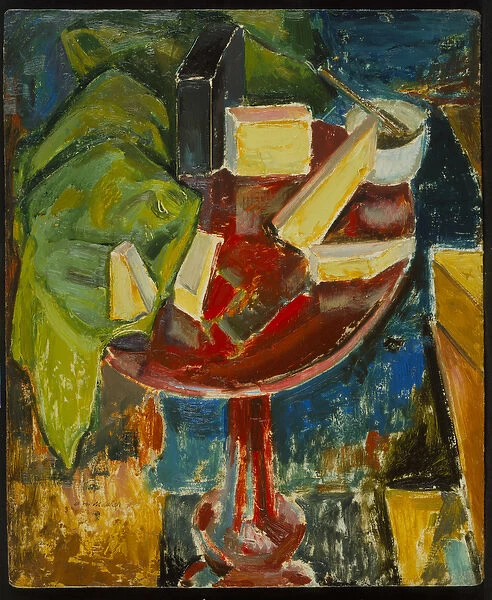 Red Table Top Still Life, c. 1919 (recto of 372405) (oil on gessoed board)