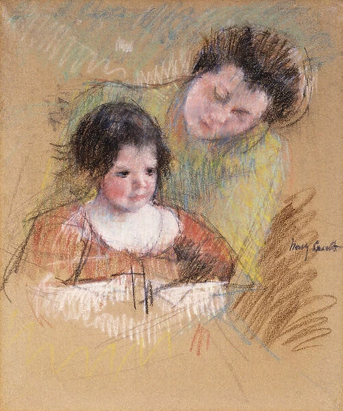 Reine Leaning over Margots Shoulder, (pastel on tan paper laid down on paper)