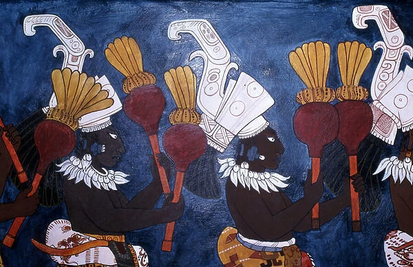 Reproduction of a mural showing musicians with rattles during a ceremony