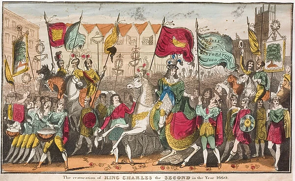 Restoration of King Charles II to the throne of England, Westminster, London, 1660 (coloured engraving)