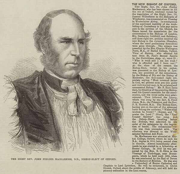 The Right Reverend John Fielder Mackarness, DD, Bishop-Elect of Oxford (engraving)