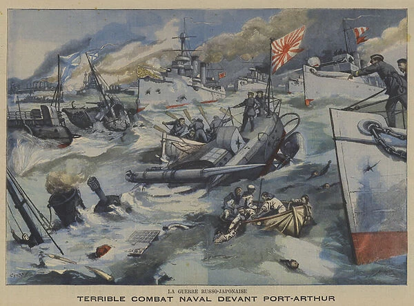 Russo-Japanese War: naval battle off Port Arthur (colour litho)