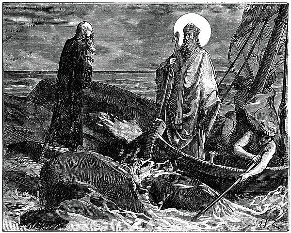 Saint Malo or Saint Maclou (Sant Malou in Breton, also known as Malo d'Aleth) one of the holy founders of Brittany at the bow of his boat - Engraving by Adolphe Gusman, mid 19th century - Fete de St Malo on November 15 (Roman calendar)