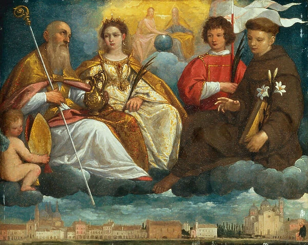 Saint Prosdocimus, Justina, Daniel and Antony of Padua in Glory with a view of the Prato