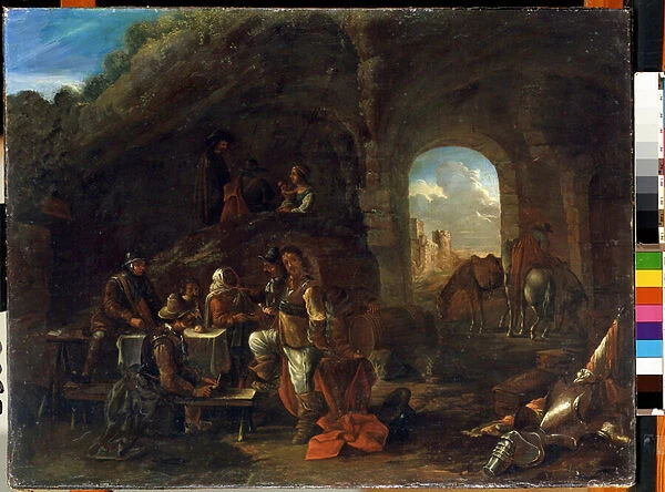 Scene de taverne (Tavern scene). Peinture de Philips Wouwerman (1619-1668). Huile sur bois, 48 x 63 cm. Ecole hollandaise du 17e siecle. State M. Ciurlionis Art Museum, Kaunas (Lituanie)