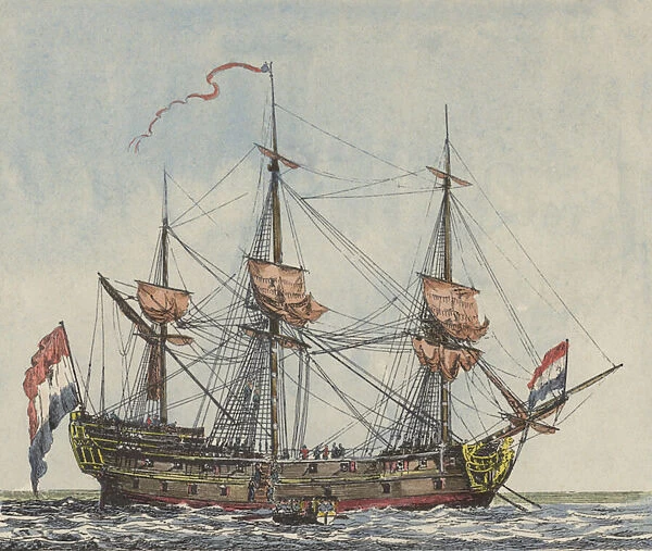 Ship of the Dutch East India Company (coloured engraving)