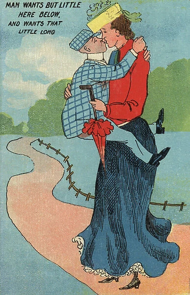 Short man kissing a tall woman (colour litho)
