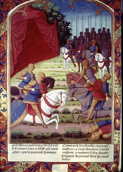Sir Galahad helping his father, Sir Lancelot, fight twenty knights, before disappearing into the forest without saying who he was, from Lancelot du Lac, c. 1490 (vellum)