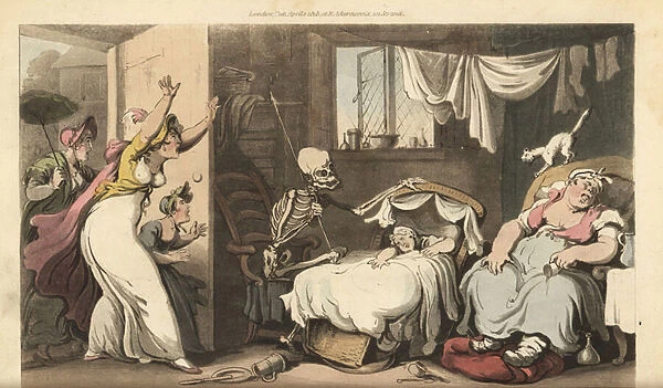 The skeleton of Death rocks the cradle of a baby while the nanny sleeps and the distraught mother arrives home. Handcoloured copperplate drawn and engraved by Thomas Rowlandson from The English Dance of Death, Ackermann, London, 1816