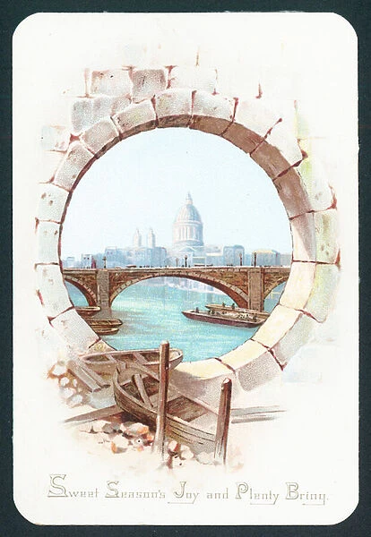 St Pauls Cathedral and Thames, Christmas Card (chromolitho)