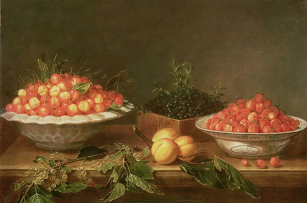 Still-life with fruit in porcelain dishes and a wooden box