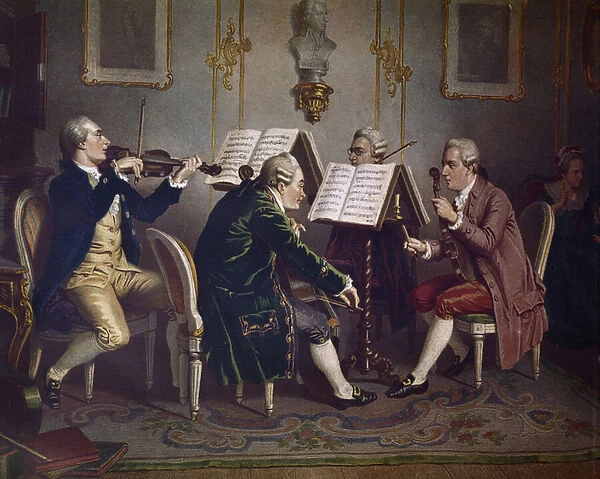 String quartet playing a Mozarts work (Chamber music) (Lithography, 18th century)