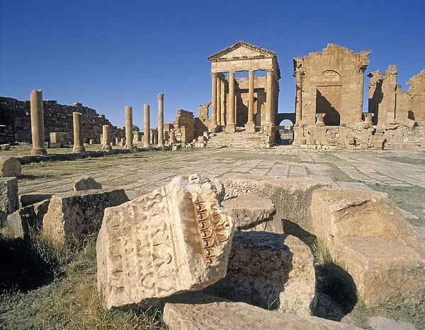 View of the forum with the temples of Jupiter, Juno and Minerva, Sufetula (photo)