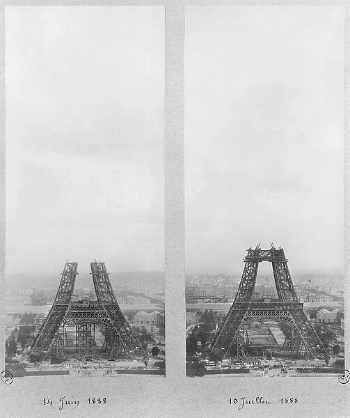 Two views of the construction of the Eiffel Tower, Paris, 14th June and 10th July 1888