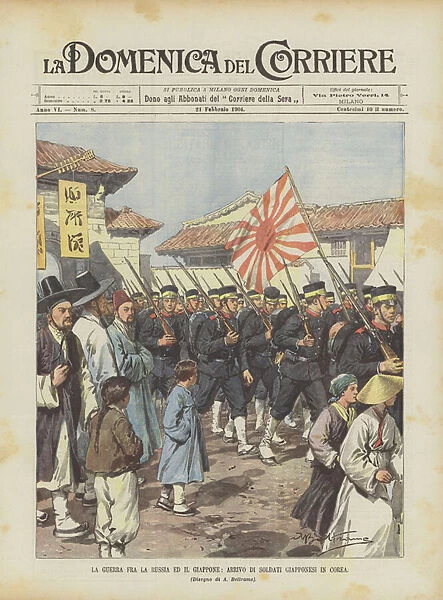 The War Between Russia and Japan, Arrival of Japanese Soldiers in Korea (colour litho)