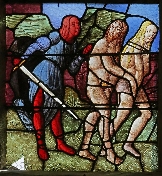 Window depicting the Expulsion of Adam and Eve from Eden (stained glass)