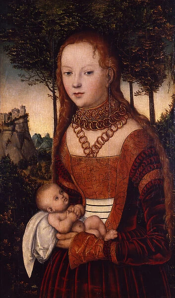 Young mother with child (oil on panel)