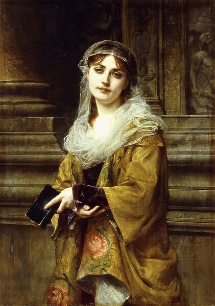 A Young Woman Outside a Church, (oil on canvas)