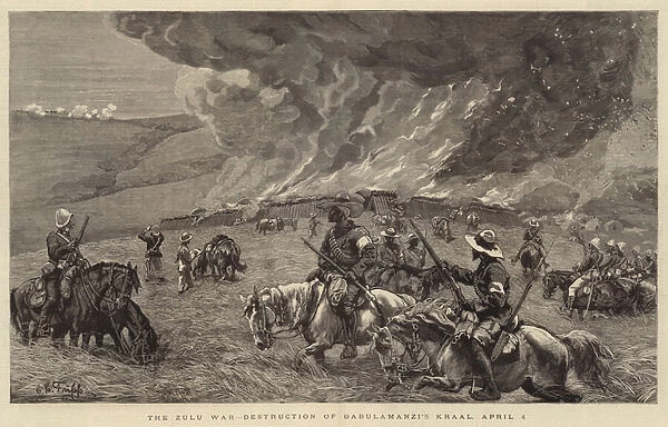 The Zulu War, Destruction of Dabulamanzis Kraal, 4 April (engraving)