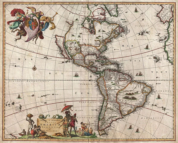1658, Visscher Map of North America and South America, topography, cartography, geography