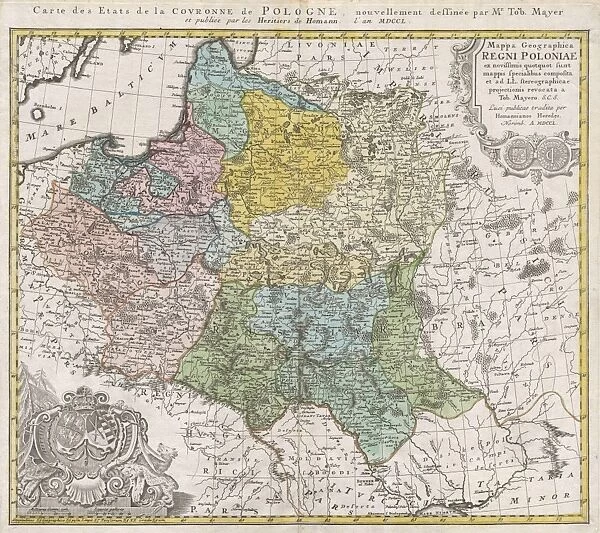 1750, Homann Heirs Map of Poland, topography, cartography, geography, land, illustration