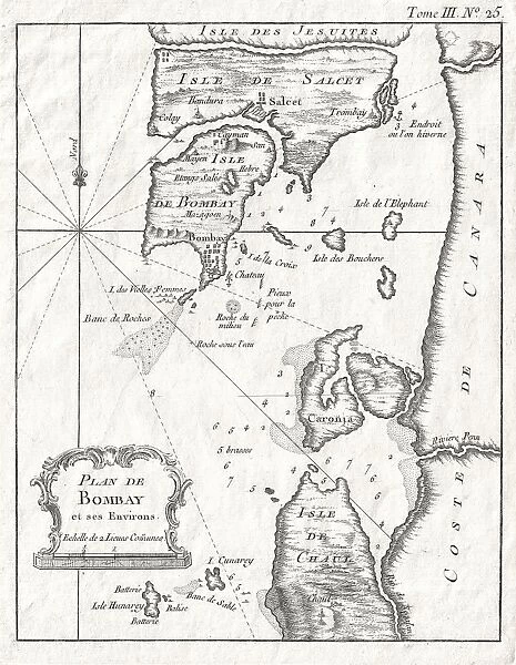 1764, Bellin Map of Bombay, Mumbai India, topography, cartography, geography, land