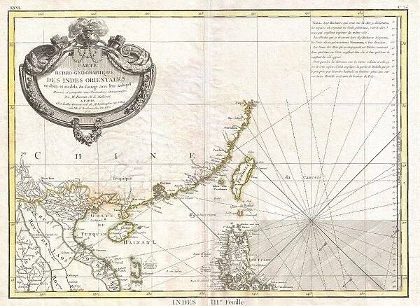 1771, Bonne Map of Tonkin, Vietnam China, Formosa, Taiwan and Luzon, Philippines