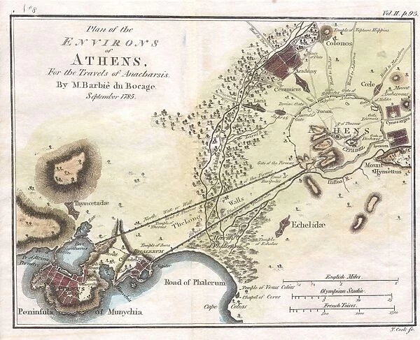 1784, Bocage Map of the City of Athens in Ancient Greece, topography, cartography