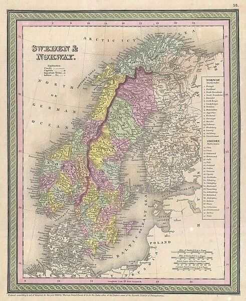 1850, Mitchell Map of Scandinavia, Norway, Sweden, Denmark, Finland, topography, cartography