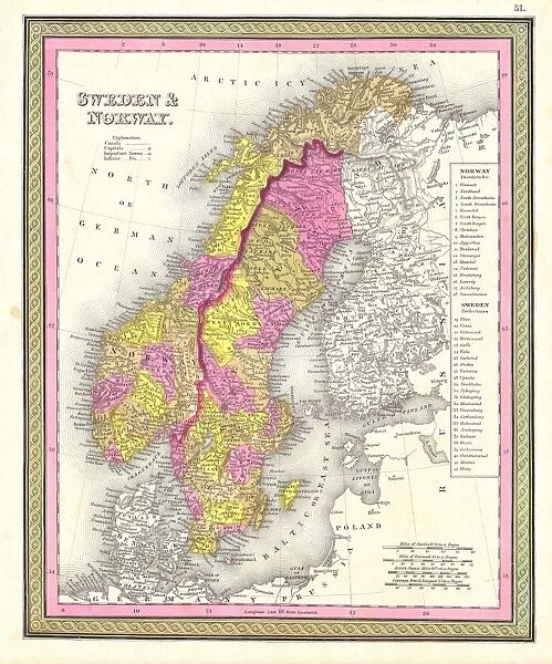1850, Mitchell Map of Sweden and Norway, topography, cartography, geography, land