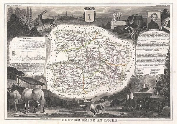 1852, Levasseur Map of the Department De Maine et Loire, France, topography, cartography