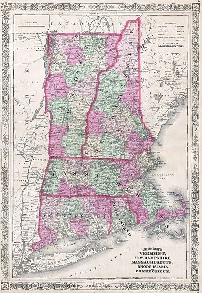 1864, Johnsons Map of New England, Vermont, New Hampshire, Massachusetts, Rhode Island and CT