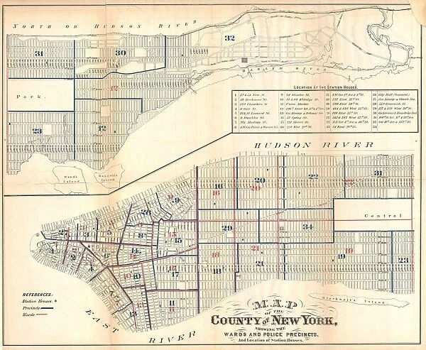 1871, Hardy Map of New York City Police Departments, topography, cartography, geography