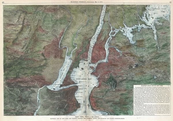 1871, Harpers Weekly View or Map of New York City from a Balloon, topography, cartography