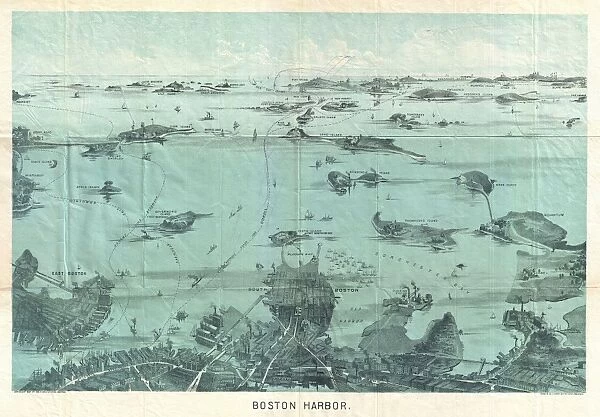 1897, Walker View of Boston Harbor, topography, cartography, geography, land, illustration