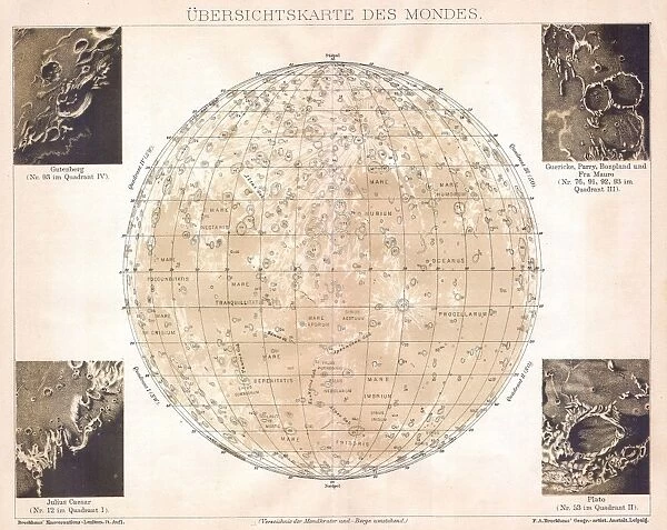 1898, Brockhaus Map of the Moon, topography, cartography, geography, land, illustration