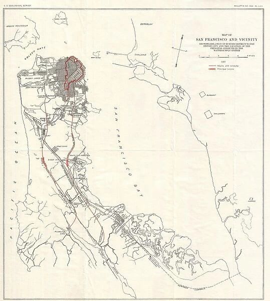 1907, Geological Survey Map of San Francisco Peninsula after 1906 Earthquake, topography