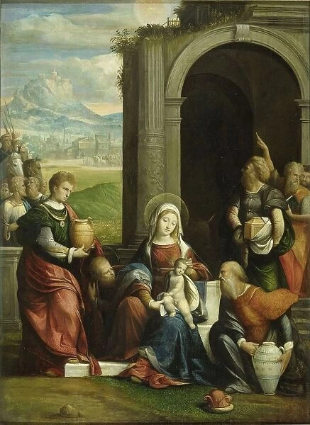 Adoration Magi Mary sits Christ child lap front