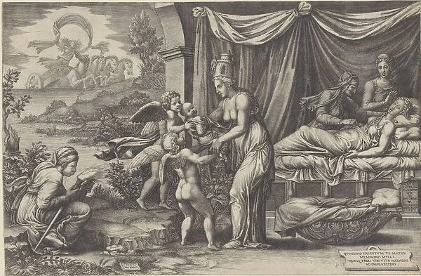 Allegory Birth woman gives newborn baby two putti