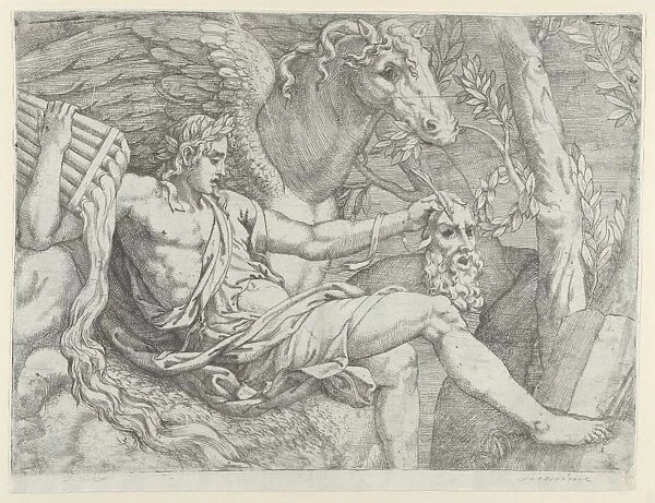 Apollo holding pipes right hand accompanied Pegasus