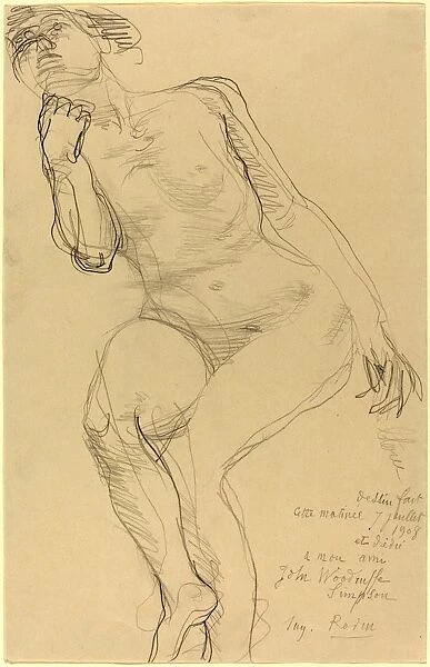 Auguste Rodin, Seated Female Nude Leaning to the Left, French, 1840-1917, 1908, graphite