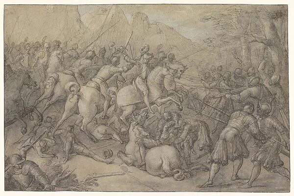 Battle Armored horsemen attacking foot soldiers armed