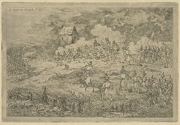 Battle between cavalry and infantry, print maker: Gerardus Emaus de Micault, 1856