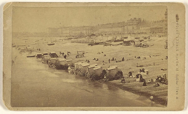 Beach scene showing bathing cabinets shoreline
